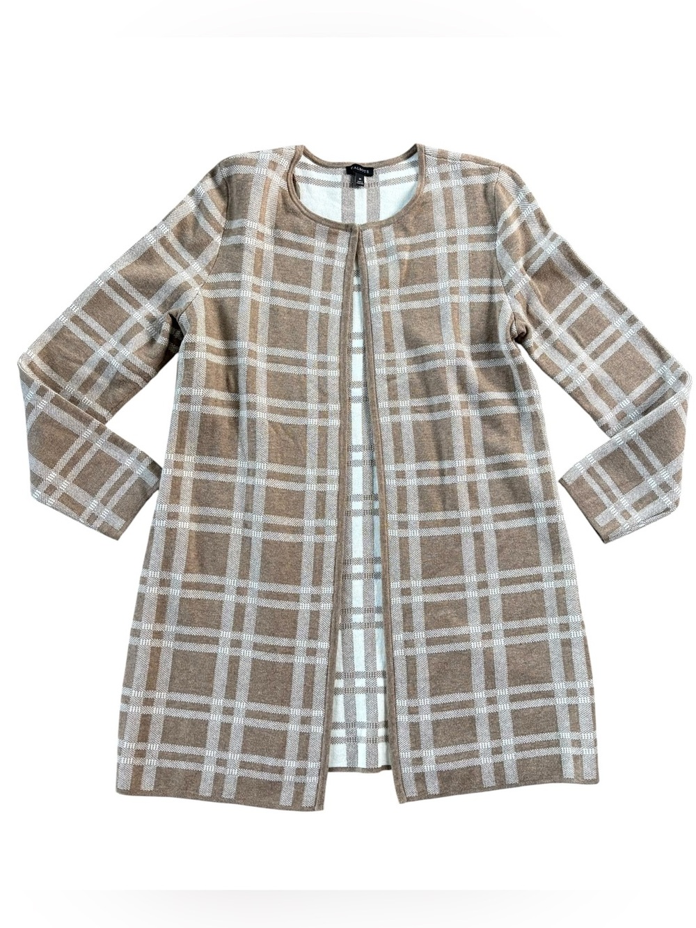 Talbots Beige and White Plaid Open Cardigan